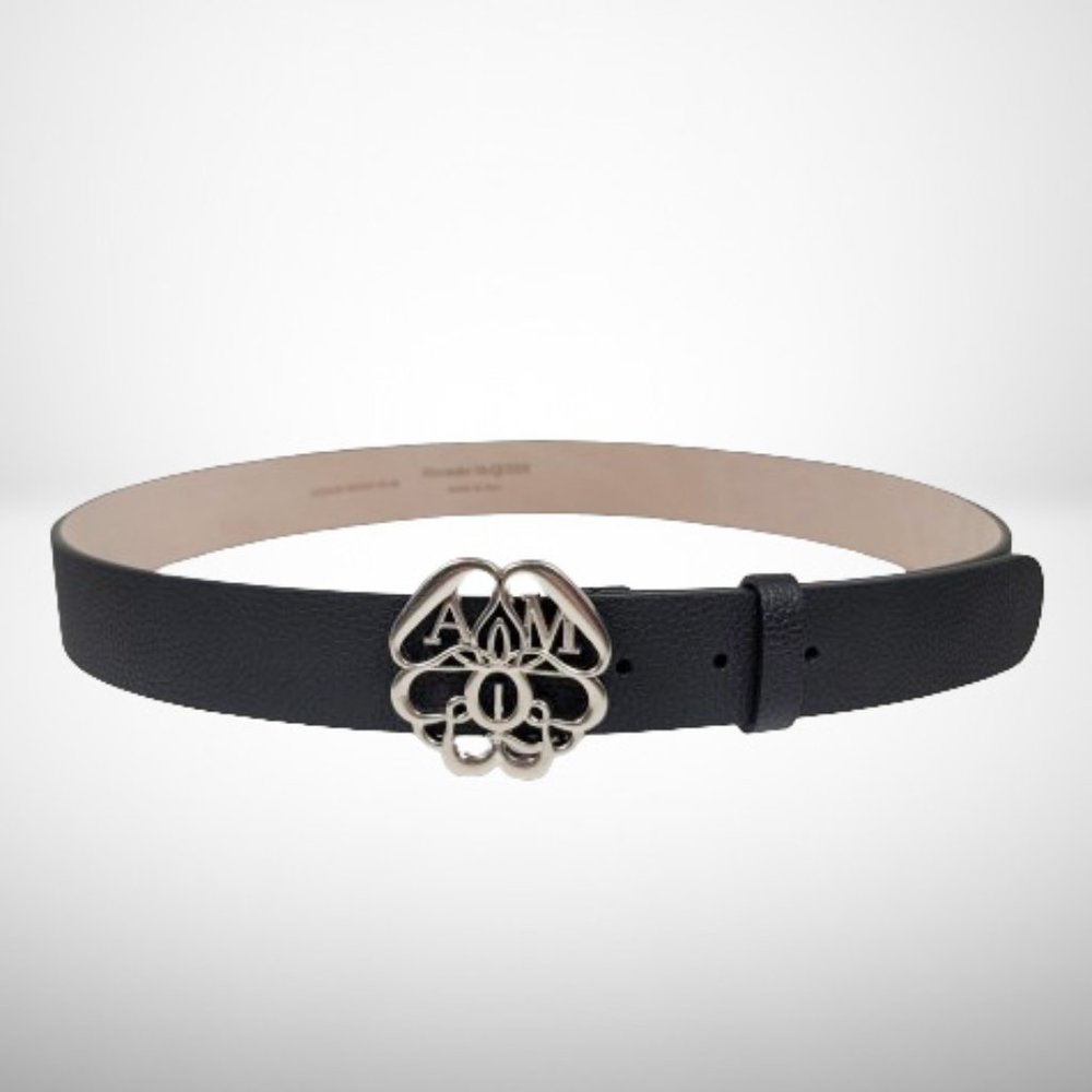 Alexander McQueen Black Leather Belt w/ AM Monogram Buckle — Size 90/36 (Italy)